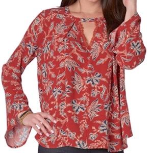 Democracy || Red Floral Long Sleeve Keyhole Blouse || Size Large